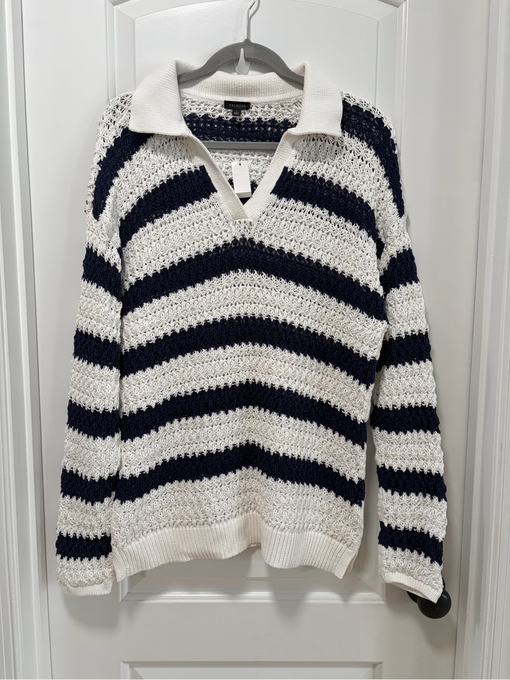 Talbots NWT size Large Open Knit Striped Johnny Collar Sweater Navy White